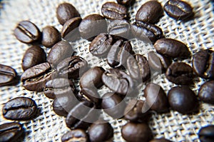 Macro coffee beans on the burlap