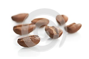 Macro of coffee beans on white background