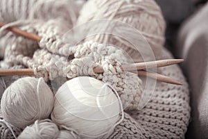 The macro concept of knitting wool and needles