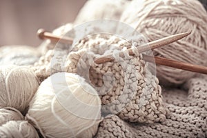 The macro concept of knitting wool and needles