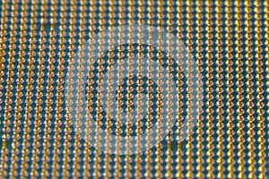 Macro of cpu gold pins and chip of computer