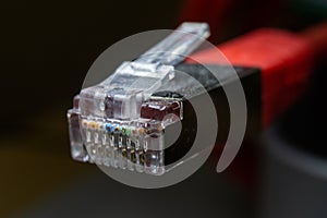 Macro cross section front angle view of red RJ45 CAT6 shielded network data internet cable clear connector