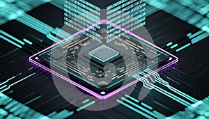 Futuristic AI computer chip processor with glowing binary code data stream