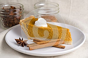 Macro of Delicious Pumpkin Pie with Cinnamon Sticks, Yogurt and Anise Star