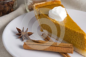 Macro of Delicious Pumpkin Pie with Cinnamon Sticks, Yogurt and Anise Star