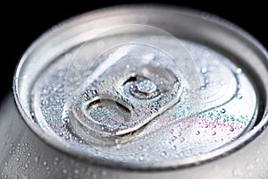 Macro detail of metallic beer can, view from the top