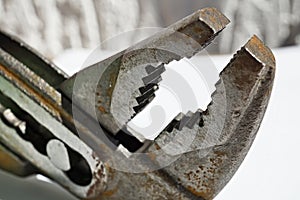 Macro detail of an old rusty pliers with its adjustable cogged head on the isolated background