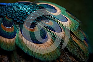 Macro Detailed Feathers on the Wing of Peacock. Soft Focus Detailed Macro Close Up Background. Generative AI