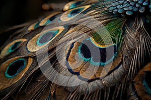 Macro Detailed Feathers on the Wing of Peacock. Soft Focus Detailed Macro Close Up Background. Generative AI