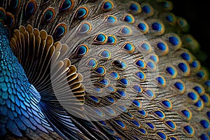 Macro Detailed Feathers on the Wing of Peacock. Soft Focus Detailed Macro Close Up Background. Generative AI