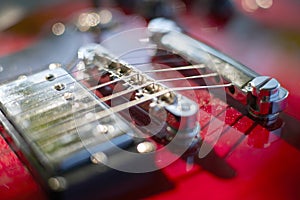 Macro details of Guitar Strings, close up. Electric guitar. Colour photography, low deep of field