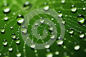 Macro dew drops on spider web with green background