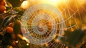 Macro of dew on spider web with stunning sunlight refractions in high res photography