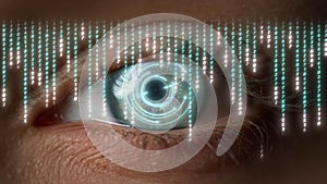 Macro digital matrix eye numbers scrolling hacker calculate data web connecting