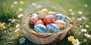 Macro Easter background. Eggs and spring flowers. No signs, no people. AI generated