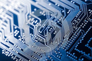 Macro of electronic circuit board pcb in blue