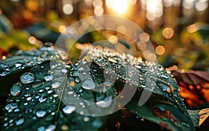 Macro Elegance: Transparent Raindrops on Green Leaf Glistening in Morning Sun, Beautiful Natural Texture and Background