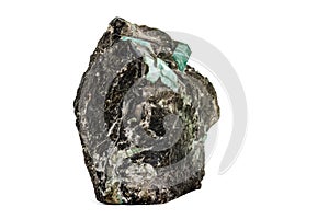 Macro emerald stone mineral in rock on white background