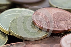 Macro of euro cents coins. Coins of fifty euro cents, twenty euro cents