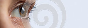 Macro eye photo. Keratoconus - eye disease, thinning of the cornea in the form of a cone. The cornea plastic. Ophthalmology banner photo