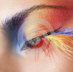 Macro eye of a woman with bright eyeshadow