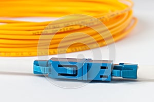 Macro Fiber optic patchcord on white background