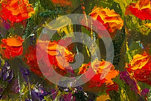 Macro flowers Red yellow poppies in green grass. Fragment of close-up painting. Canvas, oil, palette knife. Abstract flowers. Text