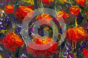 Macro flowers Red yellow poppies in green grass. Fragment of close-up painting. Canvas, oil, palette knife. Abstract flowers. Text