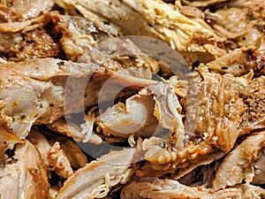 Macro focus on shredded up cooked turkey meat