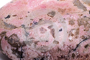 Macro focused tumbled and polished pink rhodonite crystal