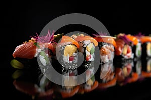 Macro food photography. Plate of sushi rolls. AI generated