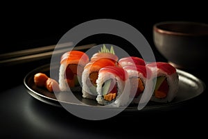 Macro food photography. Plate of sushi rolls. AI generated
