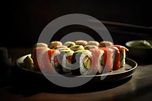 Macro food photography. Plate of sushi rolls. AI generated