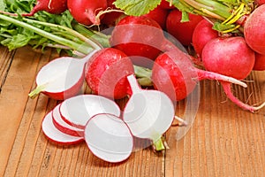 Macro of fresh sliced radish in crate