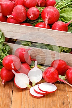 Macro of fresh sliced radish in crate