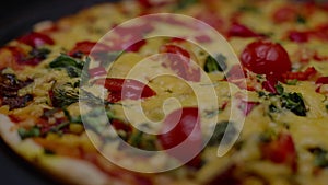 Macro, freshly baked pizza Margherita in a pivotal motion