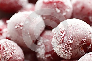 Macro of frozen berries - sweet cherries, closeup, background texture