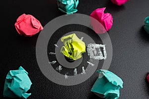 Macro. Good idea concept crumpled paper ball light bulb