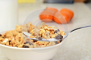 Macro granola raisin almond cereal with milk on a spoon