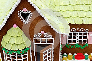 Macro of a holiday gingerbread house