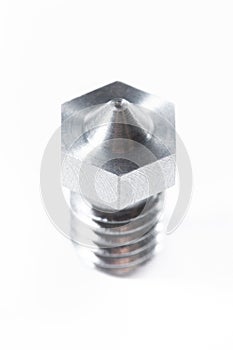 Macro of a hotend, part of a 3D printer, isolated on a white background