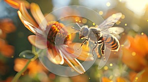 Macro hoverfly in midflight with vibrant flower, ultra realistic photorealism and detailed textures photo