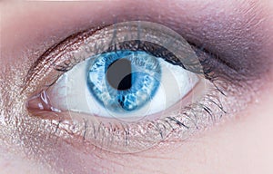 Macro of human eye. Closeup of blue human eye. Human eyes close-up detail. Female eyes with long eyelashes close up