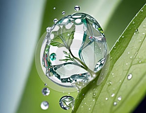 Macro Illustration: Dewdrop on a Leaf with Reflecting Tree Leaf (AI-Generated)