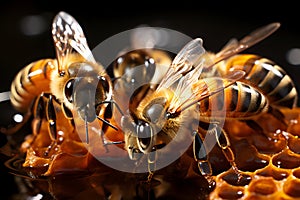 Macro image of bees working on honeycomb. Honeybee or apis mellifera. ia generated