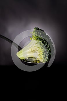 Macro Image of Broccoli Head on Spone with Dark Background