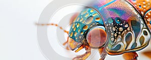 Close-up of a colorful beetle shell showcasing vibrant patterns and intricate textures in macro photography