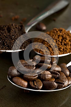 Macro Image of Coffee Beans, Instant Coffee and Grinded Coffee