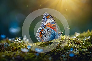 Macro image of a colorful butterfly sitting on a moss-covered log in the forest.