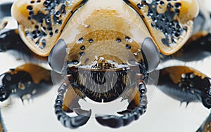 This macro image exhibits a Goliath beetle's pincers, highlighting the impressive mechanics and formidable